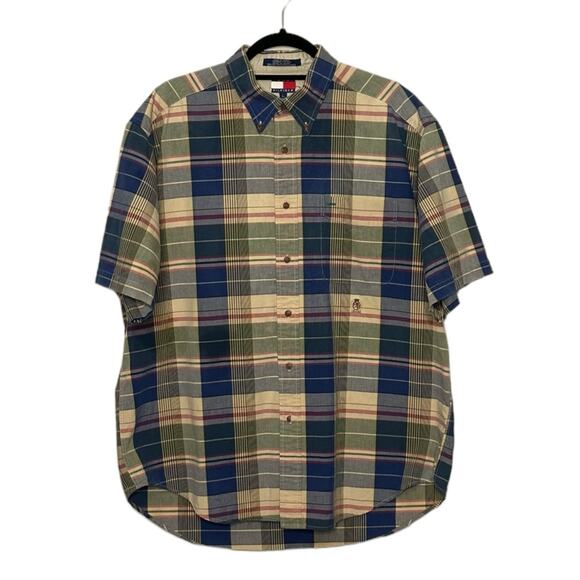 Tommy Hilfiger blue plaid short sleeves button men shirts size L - Picture 1 of 11